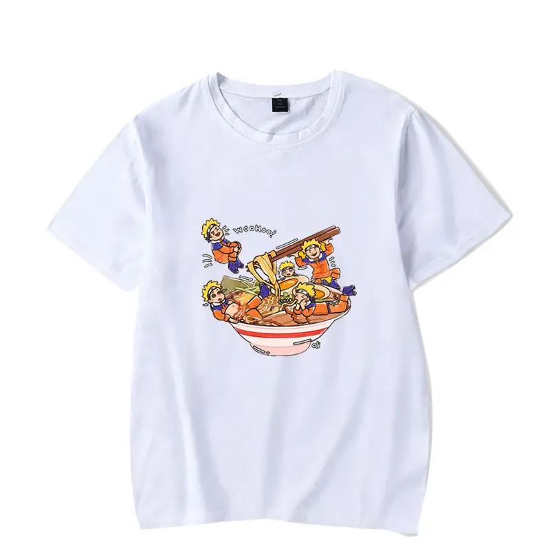 Men's White Naruto T-Shirt with Cat Bowl Print