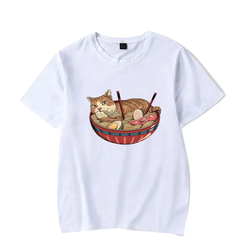 Men's White Naruto T-Shirt with Cat Bowl Print