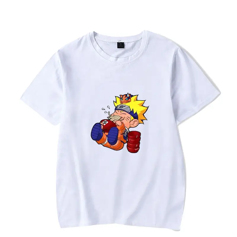 Men's White Naruto T-Shirt with Cat Bowl Print