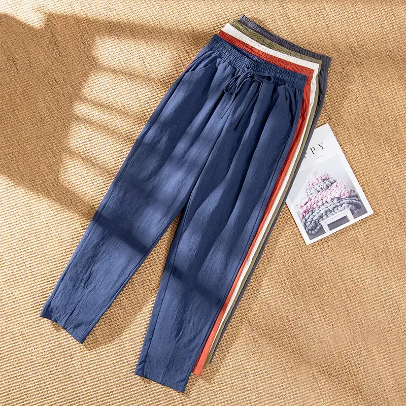 Women Cotton Harem Pants Blue Red Stripes Spring 2023 - Image 12