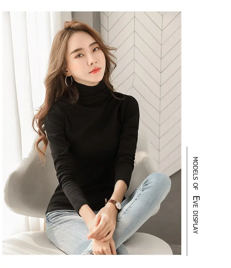Women's Black High Collar Warm T-Shirt 2020 Autumn Slim Fit — feature 10