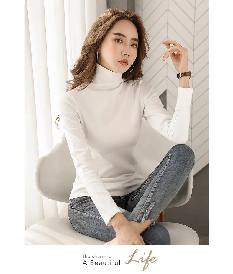 Women's Black High Collar Warm T-Shirt 2020 Autumn Slim Fit — feature 12