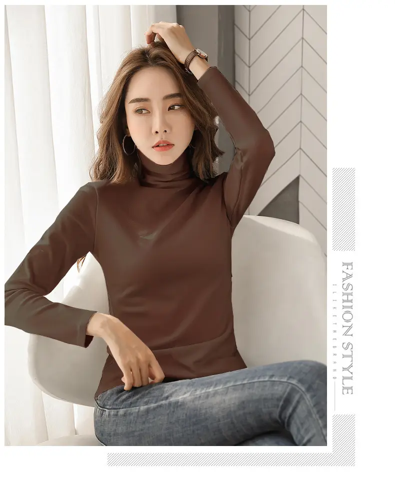 Women's Black High Collar Warm T-Shirt 2020 Autumn Slim Fit — feature 13