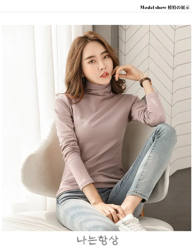 Women's Black High Collar Warm T-Shirt 2020 Autumn Slim Fit — feature 5