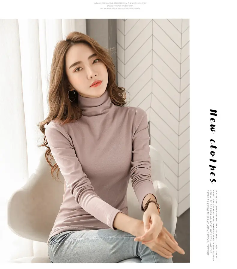 Women's Black High Collar Warm T-Shirt 2020 Autumn Slim Fit — feature 6