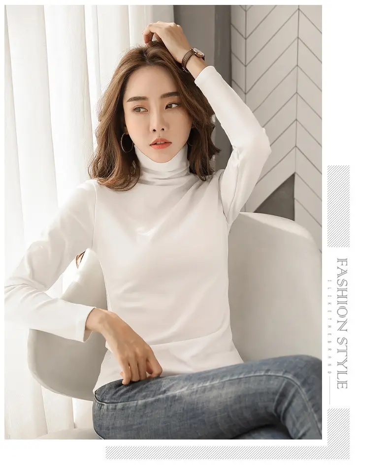 Women's Black High Collar Warm T-Shirt 2020 Autumn Slim Fit — feature 8