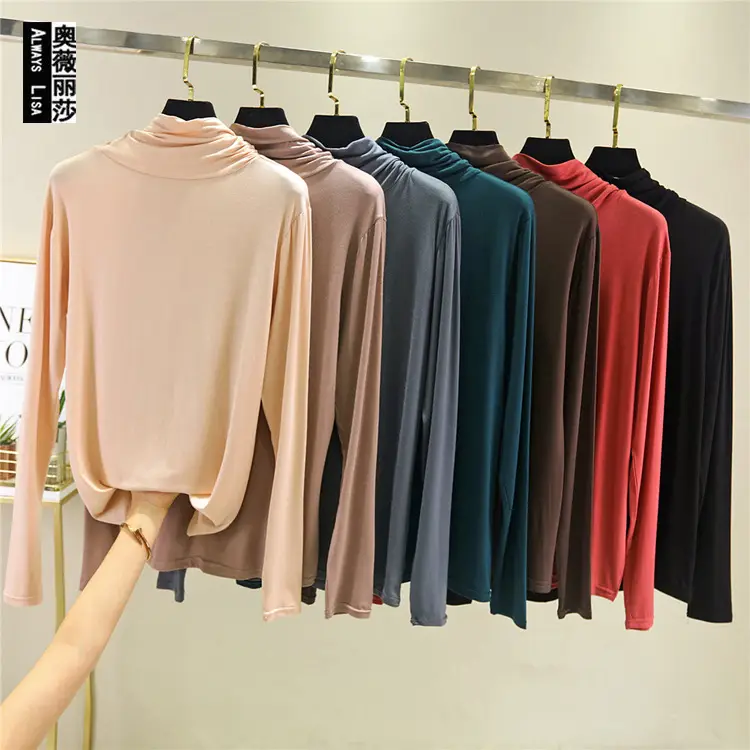 Black Long Sleeve T-shirt Women High Collar Spring Autumn