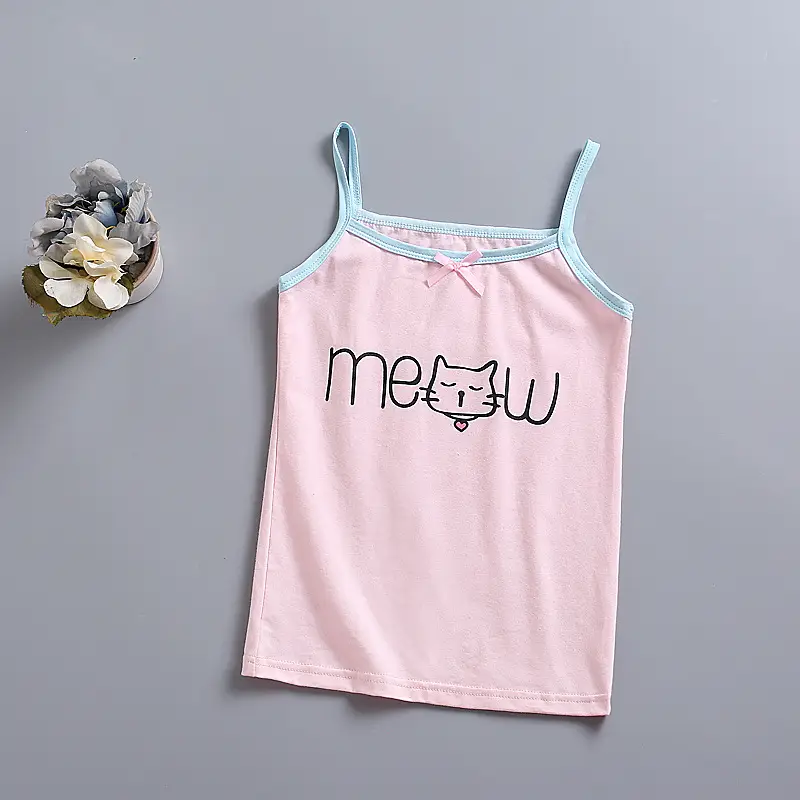 2023 Girls Cotton Vest Pink Meow Print Medium Small - Image 2