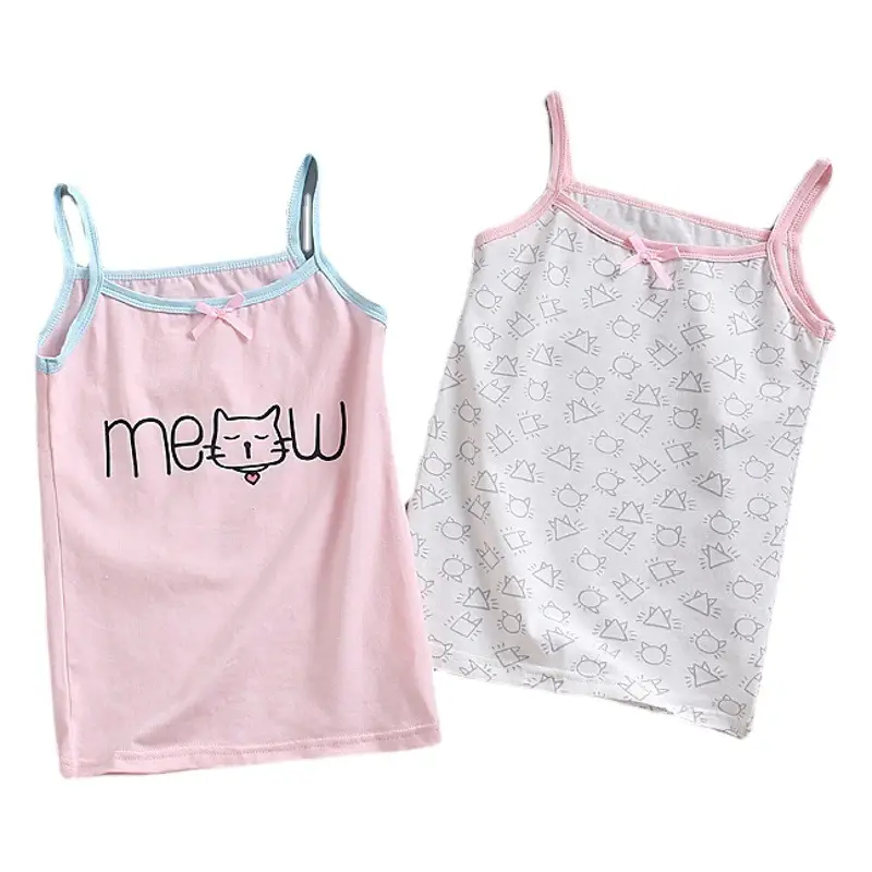 2023 Girls Cotton Vest Pink Meow Print Medium Small