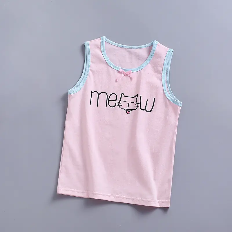 2023 Girls Cotton Vest Pink Meow Print Medium Small - Image 4