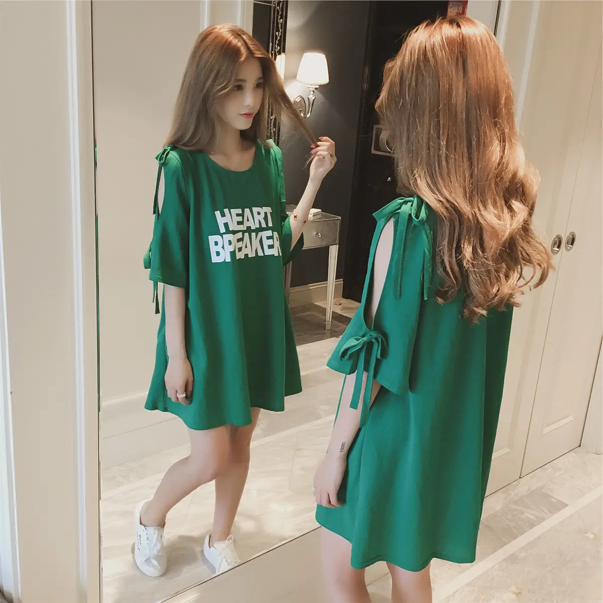 2025 Summer Korean Style Bow Letter Print Half Sleeve T-Shirt Women's Top Mid-Length Off-Shoulder T-Shirt Dress - Image 31