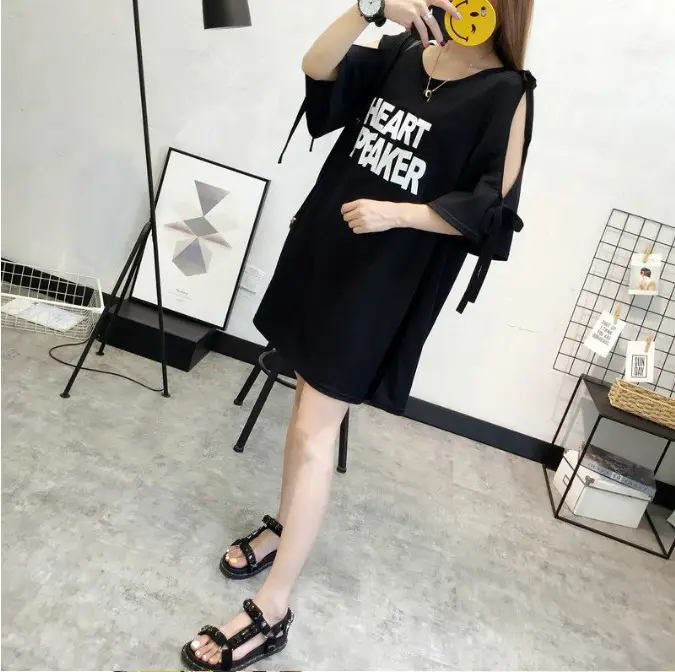 2025 Summer Korean Style Bow Letter Print Half Sleeve T-Shirt Women's Top Mid-Length Off-Shoulder T-Shirt Dress - Image 32