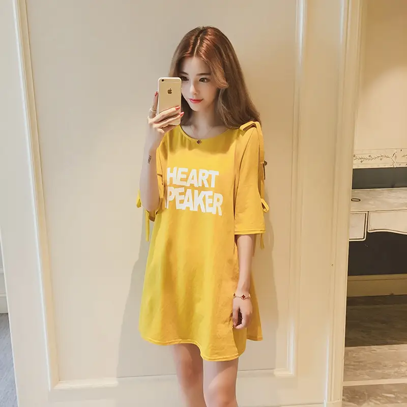 2025 Summer Korean Style Bow Letter Print Half Sleeve T-Shirt Women's Top Mid-Length Off-Shoulder T-Shirt Dress - Image 33