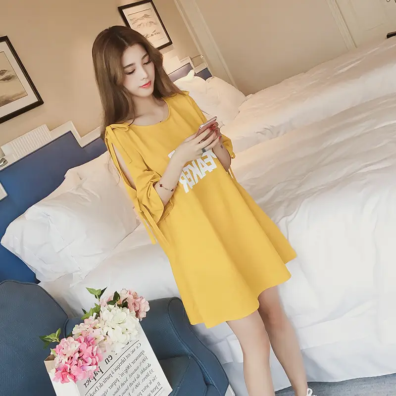 2025 Summer Korean Style Bow Letter Print Half Sleeve T-Shirt Women's Top Mid-Length Off-Shoulder T-Shirt Dress - Image 34
