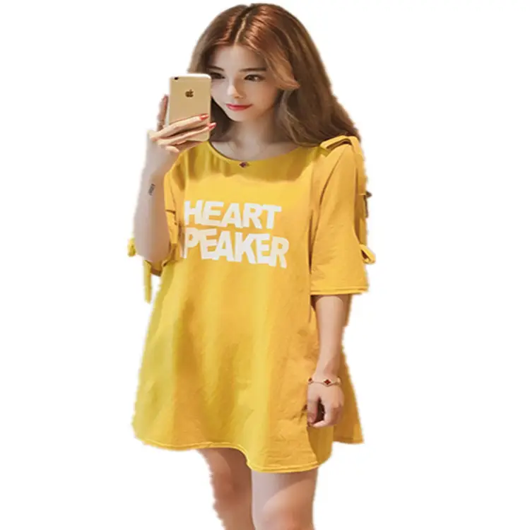 2025 Summer Korean Style Bow Letter Print Half Sleeve T-Shirt Women's Top Mid-Length Off-Shoulder T-Shirt Dress - Image 35