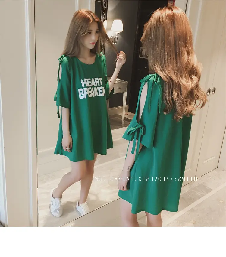 2025 Summer Korean Style Bow Letter Print Half Sleeve T-Shirt Women's Top Mid-Length Off-Shoulder T-Shirt Dress — feature 11