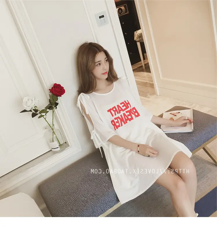 2025 Summer Korean Style Bow Letter Print Half Sleeve T-Shirt Women's Top Mid-Length Off-Shoulder T-Shirt Dress — feature 14