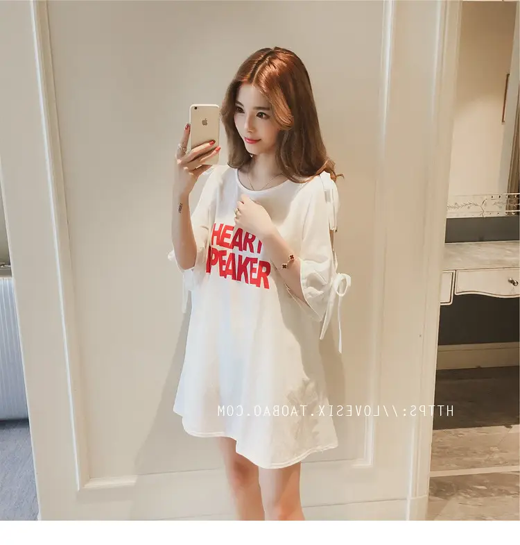 2025 Summer Korean Style Bow Letter Print Half Sleeve T-Shirt Women's Top Mid-Length Off-Shoulder T-Shirt Dress — feature 17