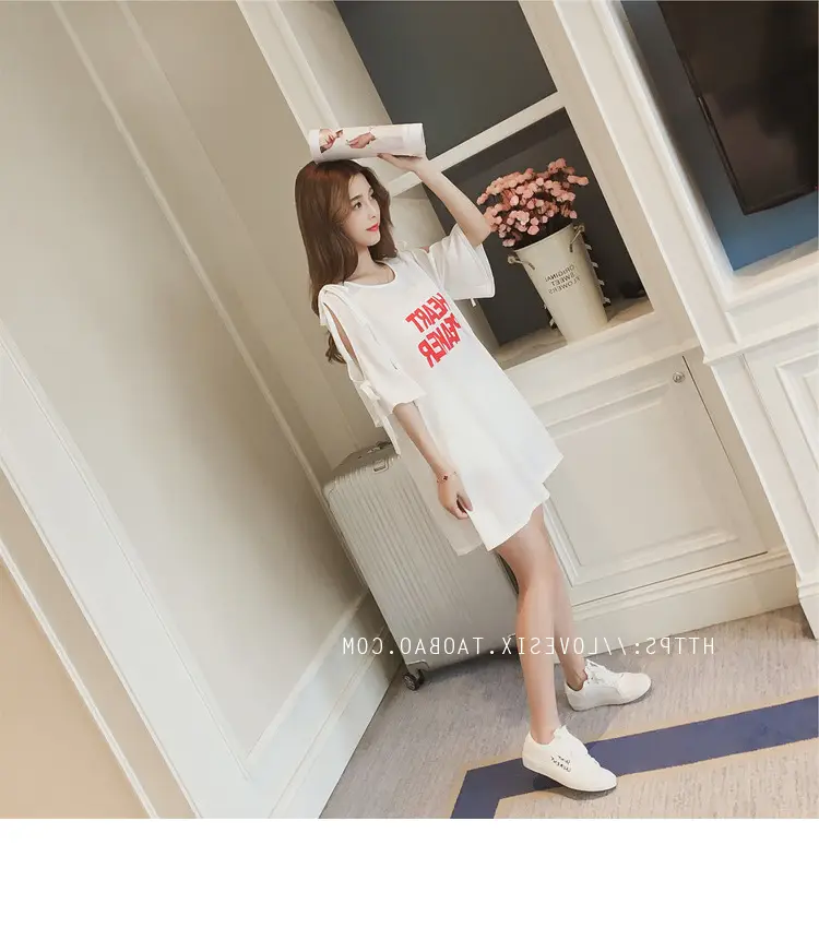 2025 Summer Korean Style Bow Letter Print Half Sleeve T-Shirt Women's Top Mid-Length Off-Shoulder T-Shirt Dress — feature 18