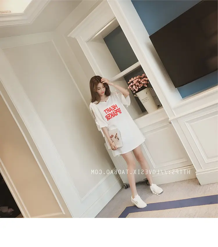 2025 Summer Korean Style Bow Letter Print Half Sleeve T-Shirt Women's Top Mid-Length Off-Shoulder T-Shirt Dress — feature 19