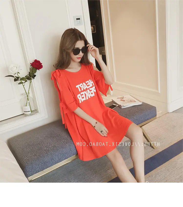 2025 Summer Korean Style Bow Letter Print Half Sleeve T-Shirt Women's Top Mid-Length Off-Shoulder T-Shirt Dress — feature 22