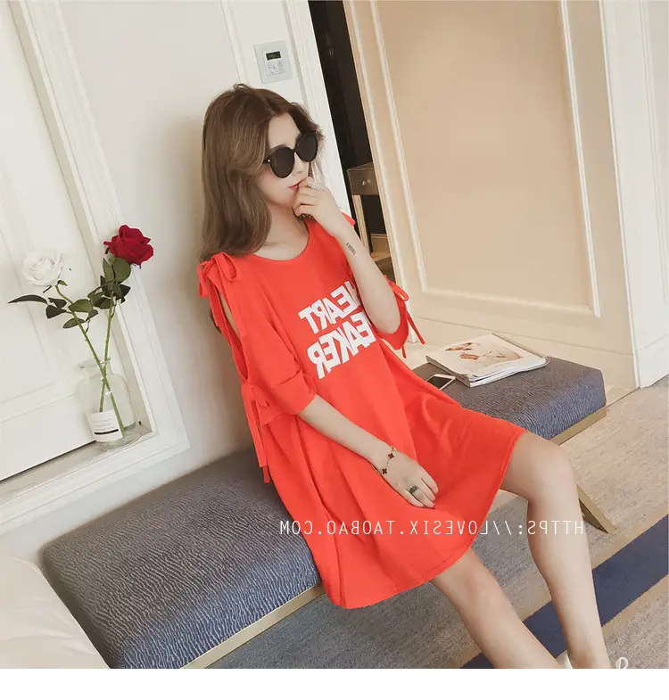 2025 Summer Korean Style Bow Letter Print Half Sleeve T-Shirt Women's Top Mid-Length Off-Shoulder T-Shirt Dress — feature 23