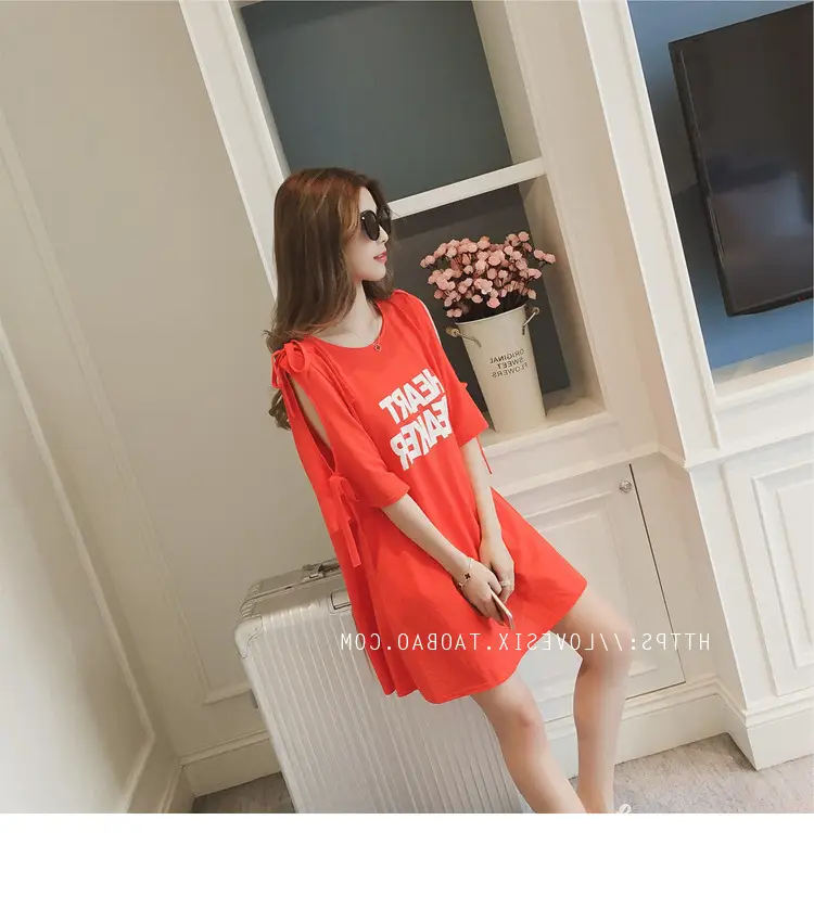 2025 Summer Korean Style Bow Letter Print Half Sleeve T-Shirt Women's Top Mid-Length Off-Shoulder T-Shirt Dress — feature 24