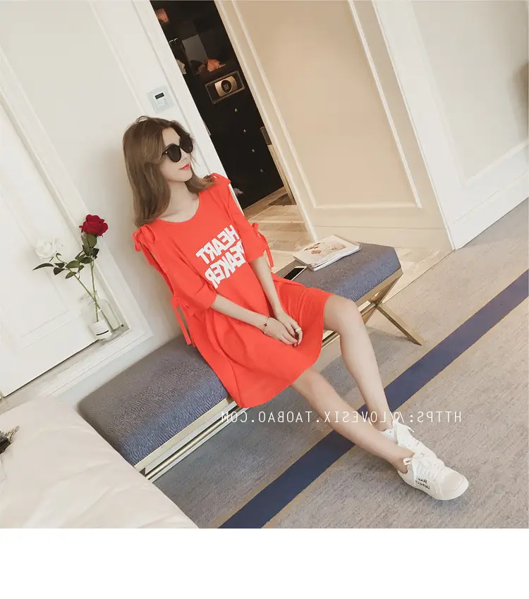 2025 Summer Korean Style Bow Letter Print Half Sleeve T-Shirt Women's Top Mid-Length Off-Shoulder T-Shirt Dress — feature 25