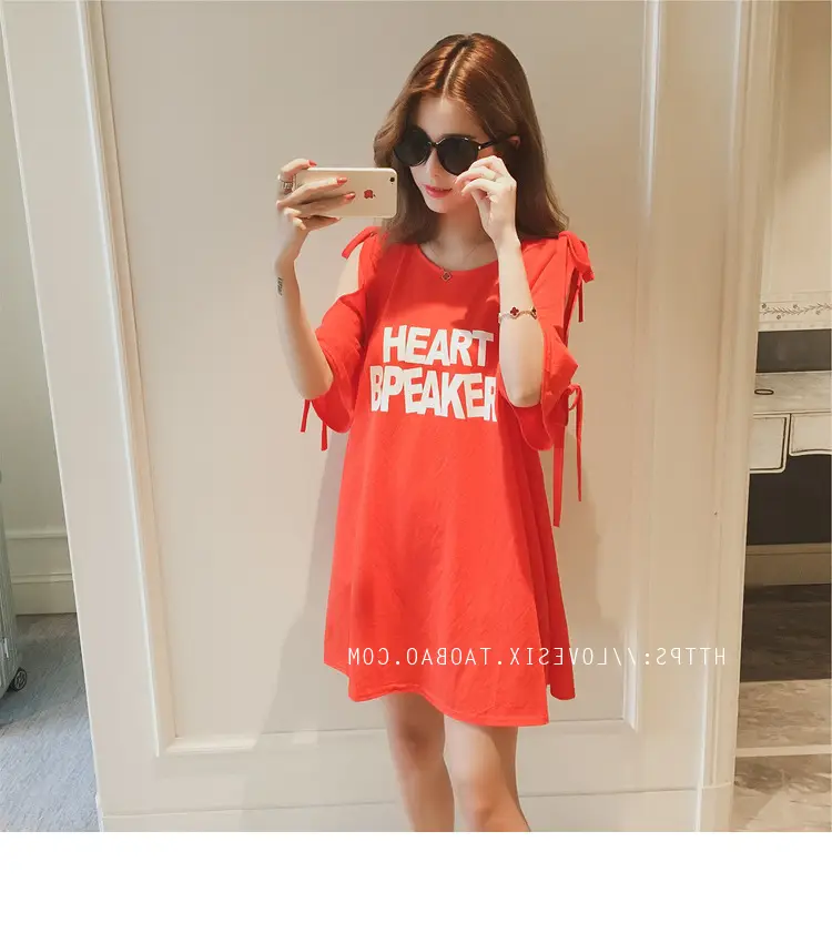 2025 Summer Korean Style Bow Letter Print Half Sleeve T-Shirt Women's Top Mid-Length Off-Shoulder T-Shirt Dress — feature 27