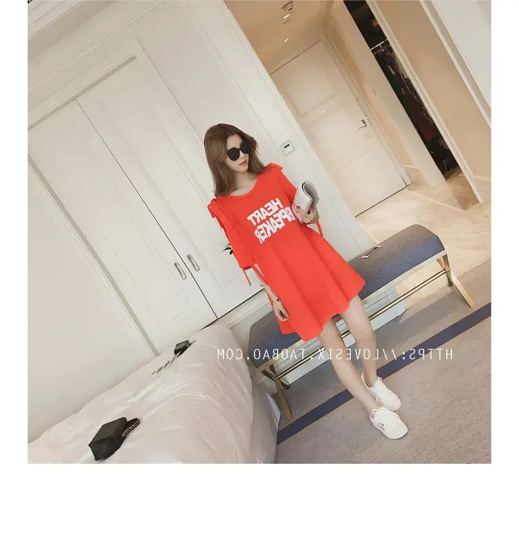 2025 Summer Korean Style Bow Letter Print Half Sleeve T-Shirt Women's Top Mid-Length Off-Shoulder T-Shirt Dress — feature 28