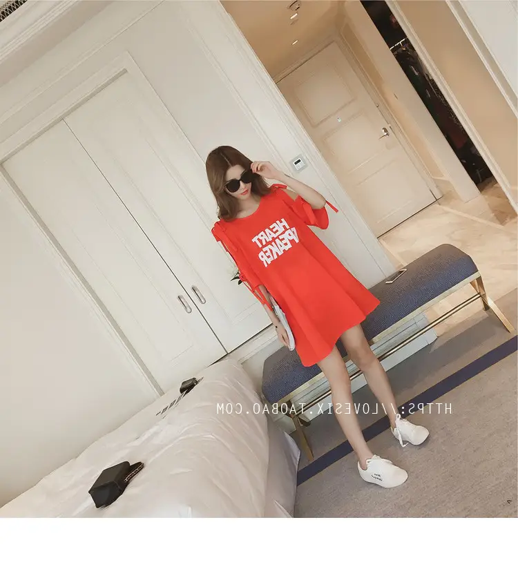 2025 Summer Korean Style Bow Letter Print Half Sleeve T-Shirt Women's Top Mid-Length Off-Shoulder T-Shirt Dress — feature 29