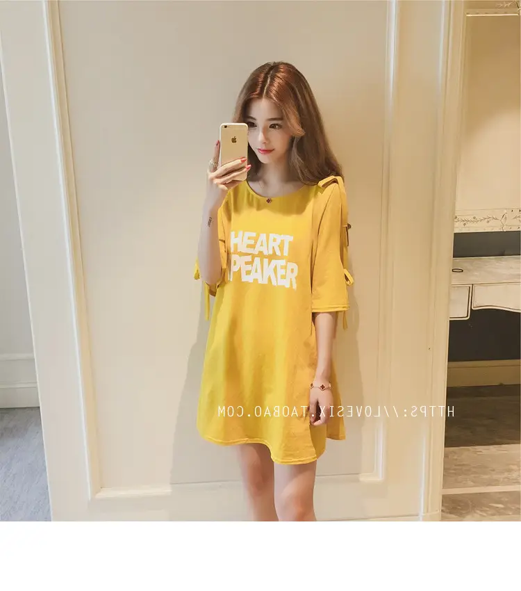 2025 Summer Korean Style Bow Letter Print Half Sleeve T-Shirt Women's Top Mid-Length Off-Shoulder T-Shirt Dress — feature 32