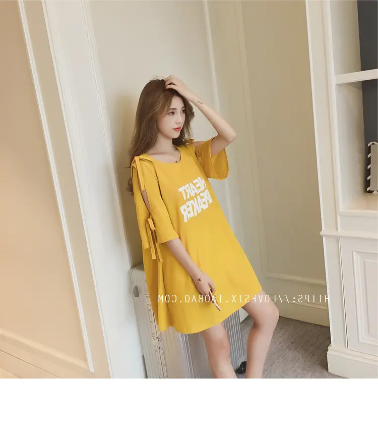 2025 Summer Korean Style Bow Letter Print Half Sleeve T-Shirt Women's Top Mid-Length Off-Shoulder T-Shirt Dress — feature 35