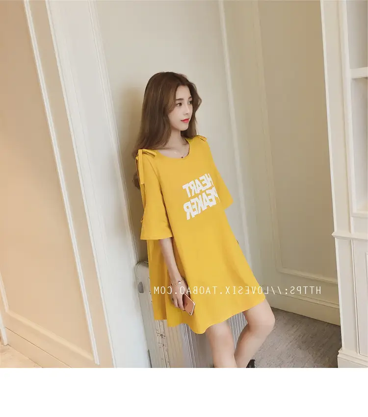 2025 Summer Korean Style Bow Letter Print Half Sleeve T-Shirt Women's Top Mid-Length Off-Shoulder T-Shirt Dress — feature 36