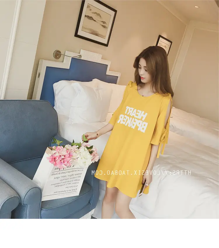 2025 Summer Korean Style Bow Letter Print Half Sleeve T-Shirt Women's Top Mid-Length Off-Shoulder T-Shirt Dress — feature 37