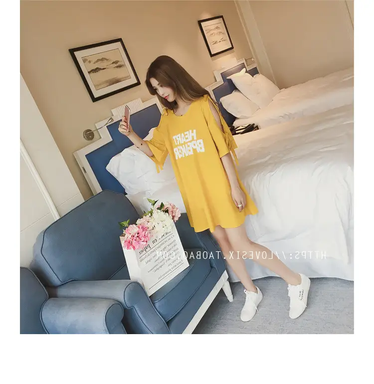 2025 Summer Korean Style Bow Letter Print Half Sleeve T-Shirt Women's Top Mid-Length Off-Shoulder T-Shirt Dress — feature 38