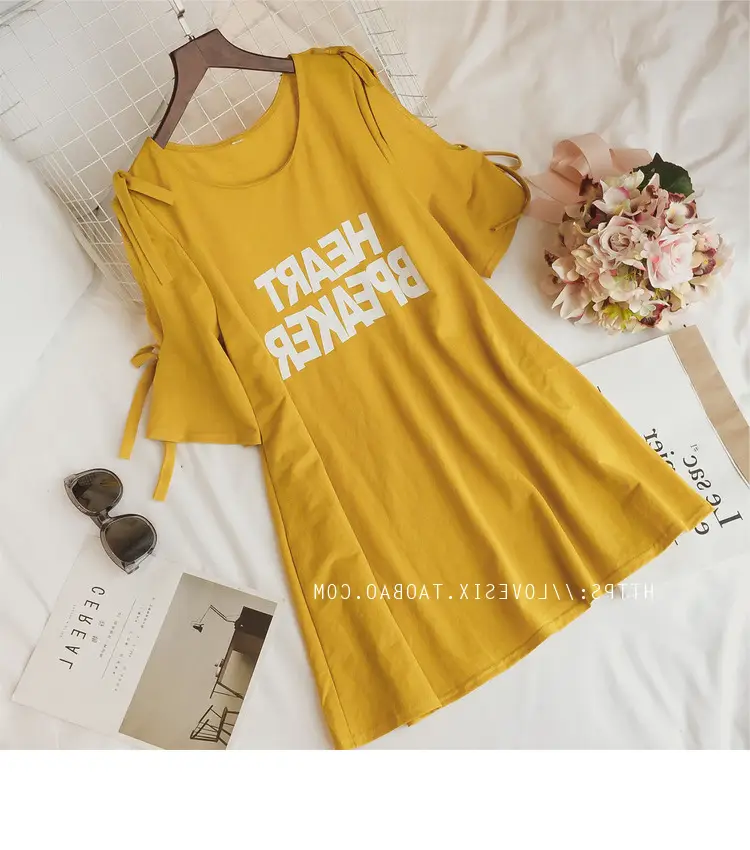 2025 Summer Korean Style Bow Letter Print Half Sleeve T-Shirt Women's Top Mid-Length Off-Shoulder T-Shirt Dress — feature 41