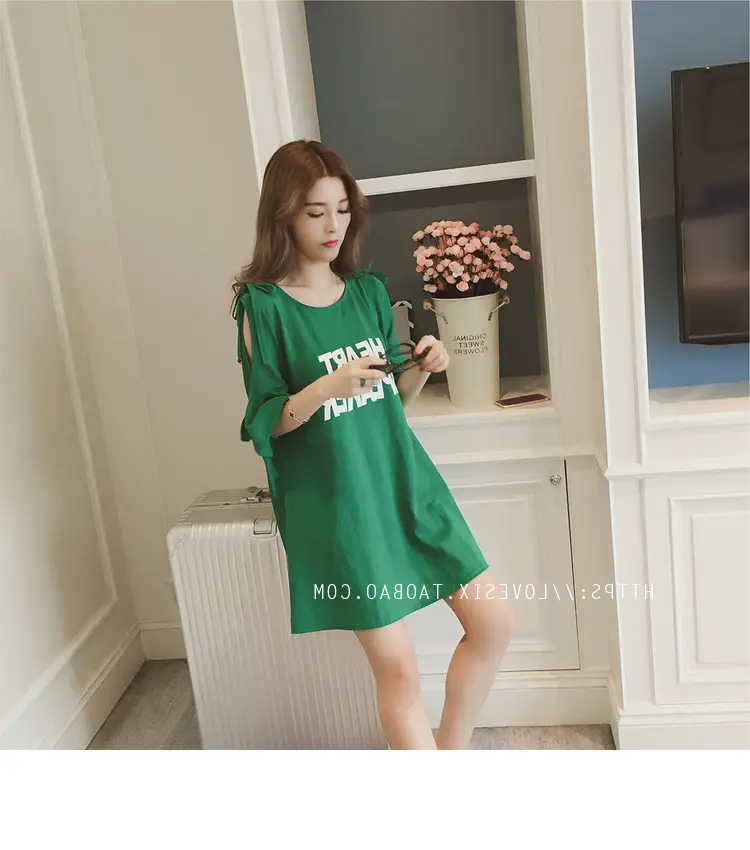 2025 Summer Korean Style Bow Letter Print Half Sleeve T-Shirt Women's Top Mid-Length Off-Shoulder T-Shirt Dress — feature 8