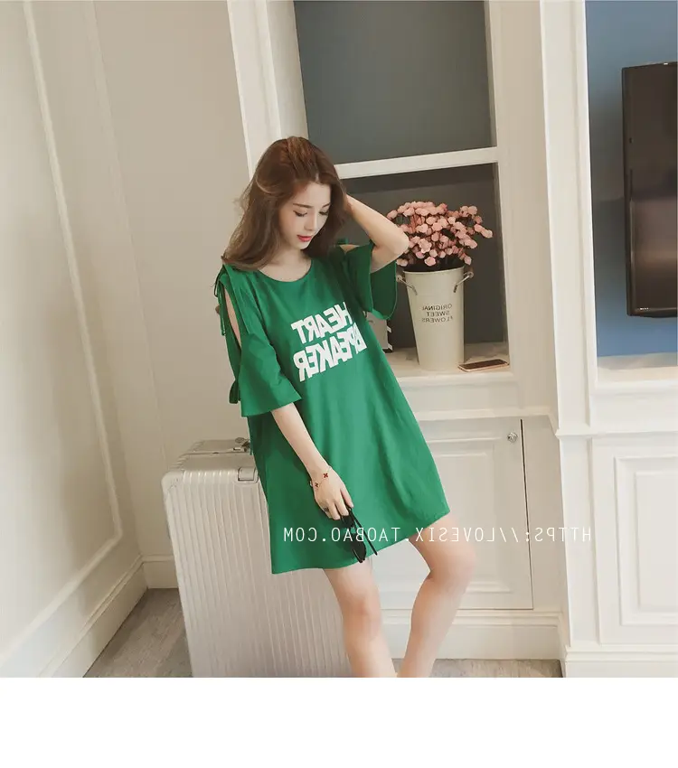 2025 Summer Korean Style Bow Letter Print Half Sleeve T-Shirt Women's Top Mid-Length Off-Shoulder T-Shirt Dress — feature 9