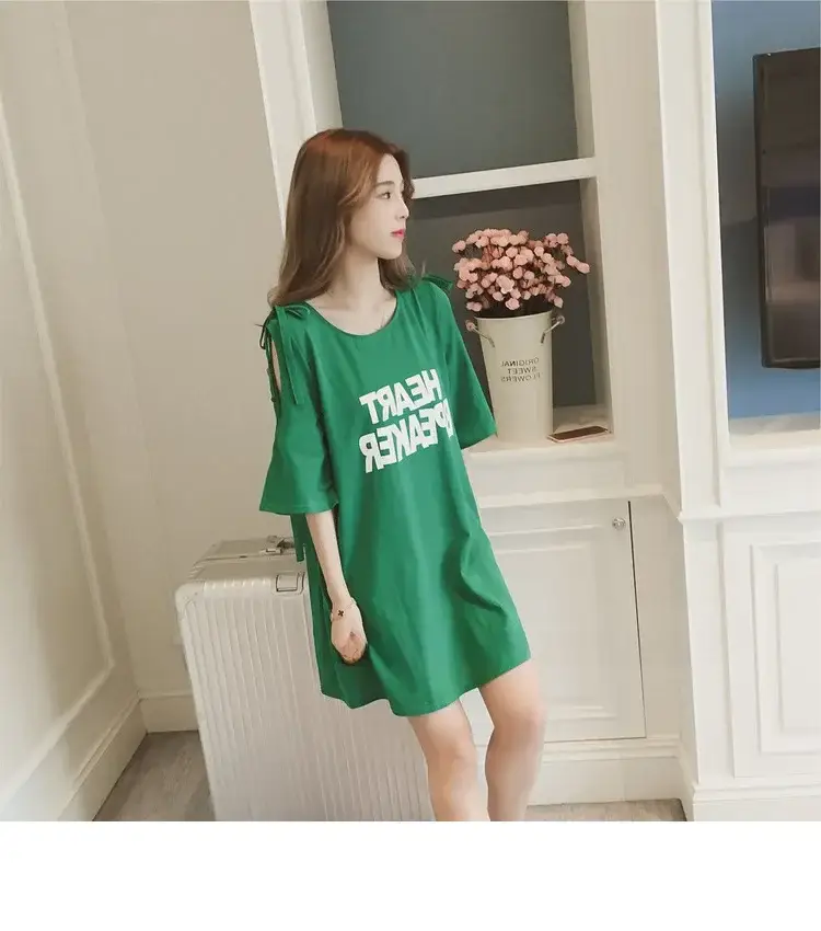 2025 Summer Korean Style Bow Letter Print Half Sleeve T-Shirt Women's Top Mid-Length Off-Shoulder T-Shirt Dress - Image 12