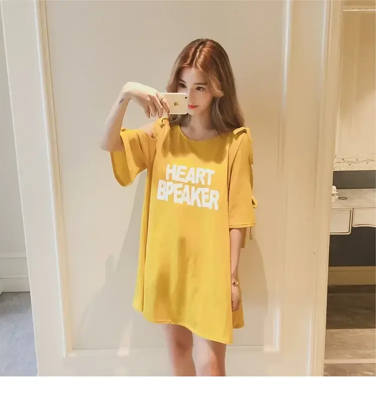 2025 Summer Korean Style Bow Letter Print Half Sleeve T-Shirt Women's Top Mid-Length Off-Shoulder T-Shirt Dress - Image 15