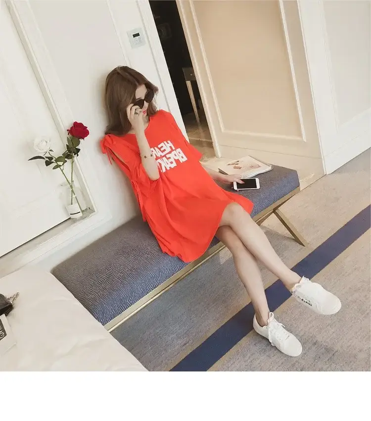2025 Summer Korean Style Bow Letter Print Half Sleeve T-Shirt Women's Top Mid-Length Off-Shoulder T-Shirt Dress - Image 26