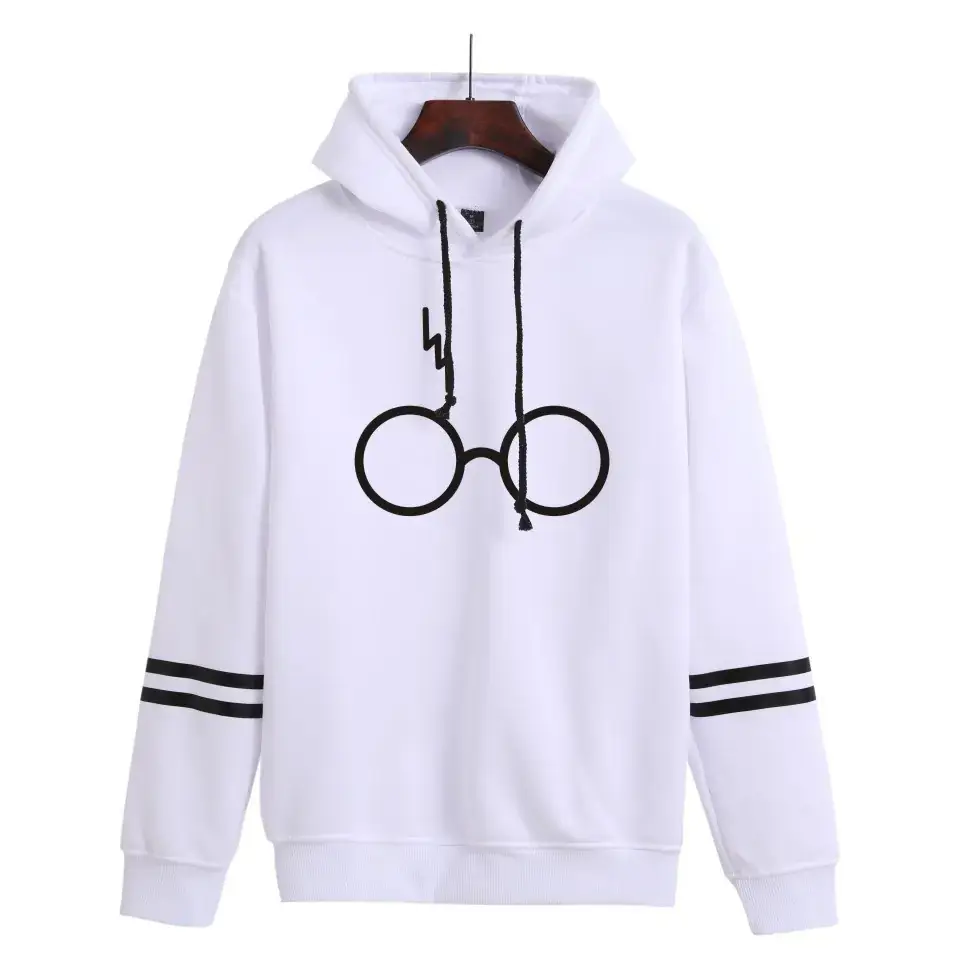 Gray Hooded Sweatshirt with Lightning Glasses Print
