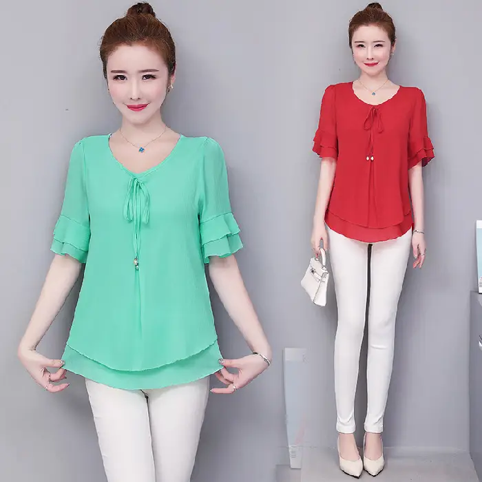 Real Shot Middle-aged Women Ruffled Chiffon Top Orange White Set - Image 4