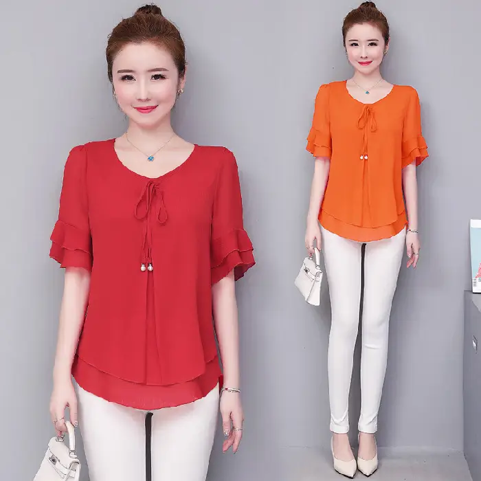 Real Shot Middle-aged Women Ruffled Chiffon Top Orange White Set - Image 5