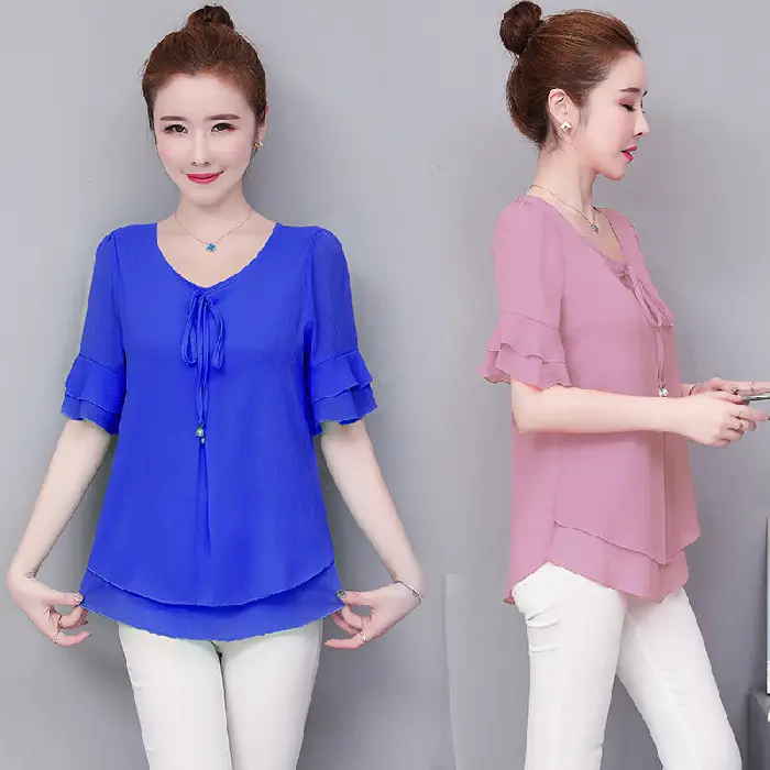 Real Shot Middle-aged Women Ruffled Chiffon Top Orange White Set - Image 6