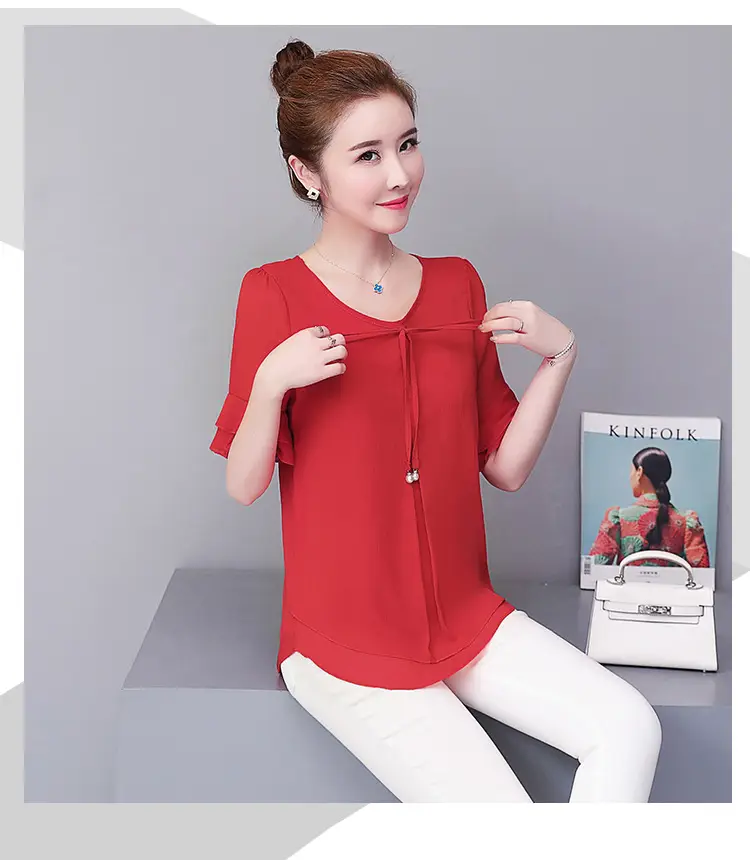 Real Shot Middle-aged Women Ruffled Chiffon Top Orange White Set — feature 10