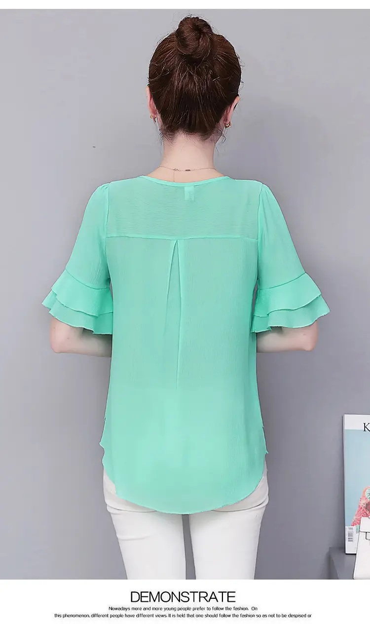 Real Shot Middle-aged Women Ruffled Chiffon Top Orange White Set — feature 12