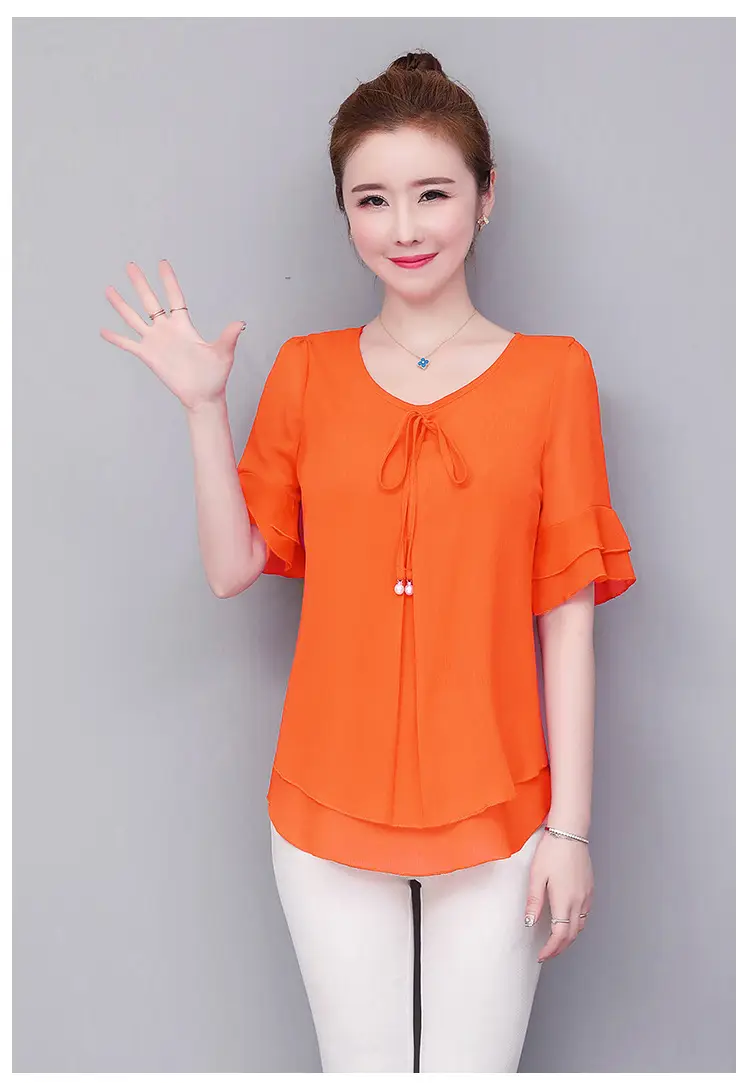 Real Shot Middle-aged Women Ruffled Chiffon Top Orange White Set — feature 13
