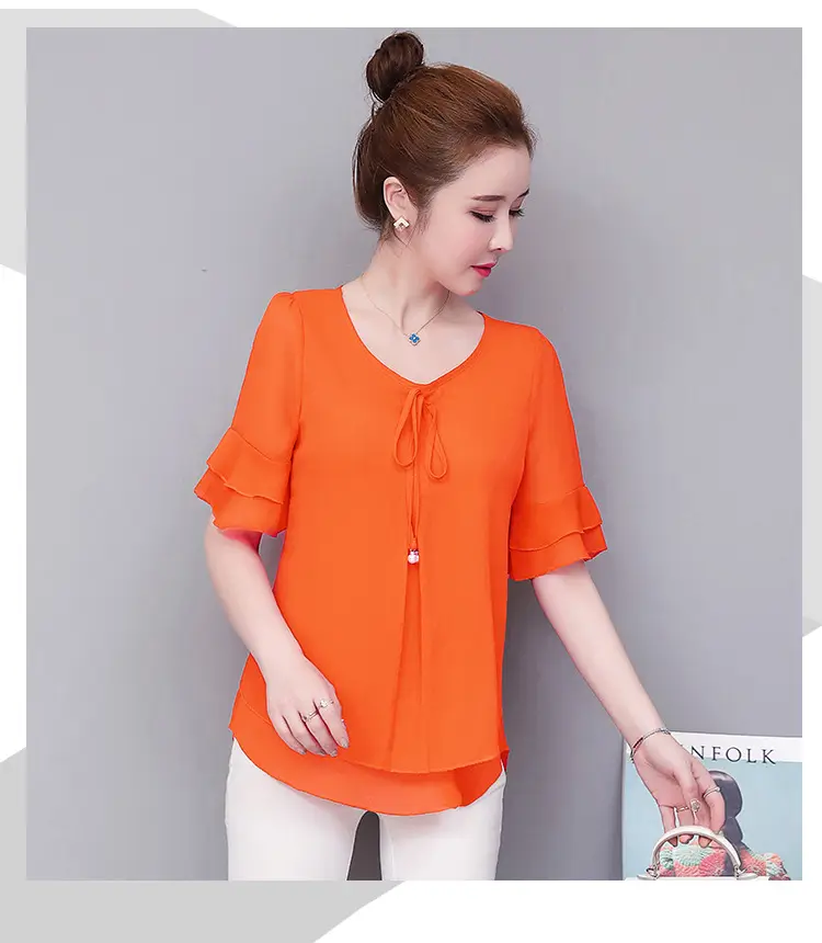 Real Shot Middle-aged Women Ruffled Chiffon Top Orange White Set — feature 14